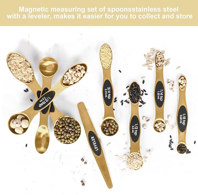 Magnetic Measuring Spoons Set Stainless Steel with Leveler, Stackable Metal Tablespoon Measure Spoon for Baking, Measuring Cups and Spoon Set Kitchen Gadgets Apartment Essentials Fits