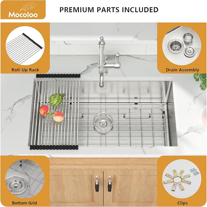 Mocoloo 33 Undermount Kitchen Sink - 33 x 19 Inch Kitchen Sink Undermount Stainless Steel 16 Gauge Single Bowl Under Counter Handmade with Offset Drain, 10'' Deep Basin