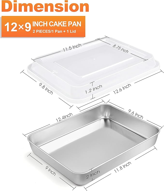 Herogo Cake Pan with Lid, 9 X 12 Inch Rectangle Stainless Steel Lasagna Baking Pan Deep, for Brownies Casseroles Cakes, Dishwasher Safe