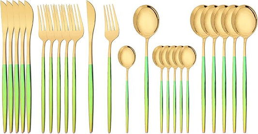 JASHII Flatware Set 24 Piece, Stainless Steel Silverware Set, Macaron Small Fresh Color Cutlery Set, Modern Elegant Tableware Set for Party, Christmas, Dinner (Rainbow Gold)