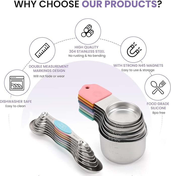 Magnetic Measuring Cups and Spoons Set-Heavy Duty 304 Stainless Steel，Double Measurement Markings，Set of 16 with Leveler for Measure Dry and Liquid Ingredients