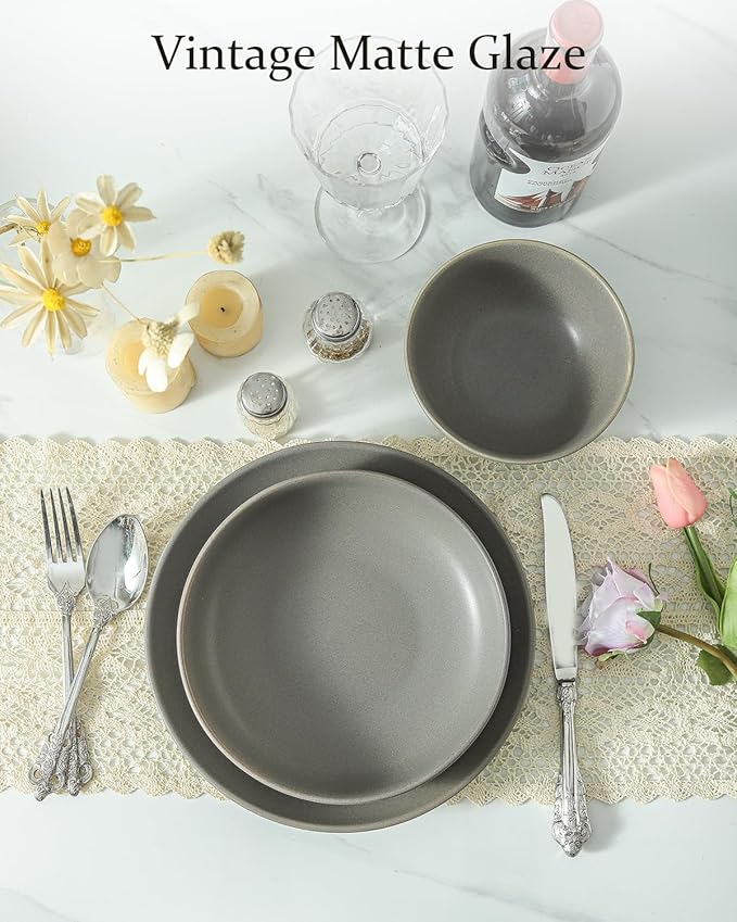 Dinnerware Sets for 4, 12 Pieces Stoneware Plates and Bowls Sets, Ceramic Dishes Set of 4, Scratch Resistant Dishware Sets, Dishwasher & Microwave Safe, Grey