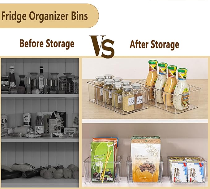 Pantry Organizers and Storage,Kitchen Organizers and Storage for Fridge,Drawer and Refrigerator - Spice Organization for Cabinet,Clear Plastic Stackable Organizer Bins with 3 Dividers (7 Pcs)