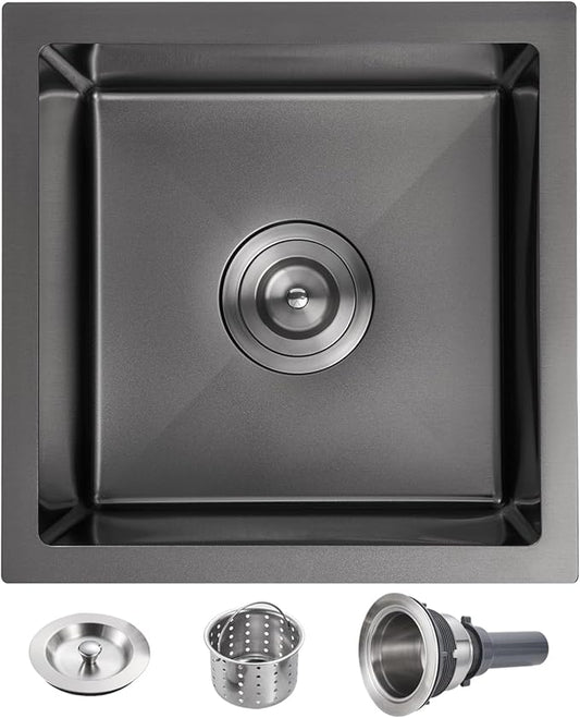 18 Inch Undermount Kitchen Sink, POPLFY 18×18 Inch Undermount 304 Stainless Steel Single Bowl Bar or Prep Sink, 18 Gauge 9 Inch Deep Small Sink, Black（18×18×9）