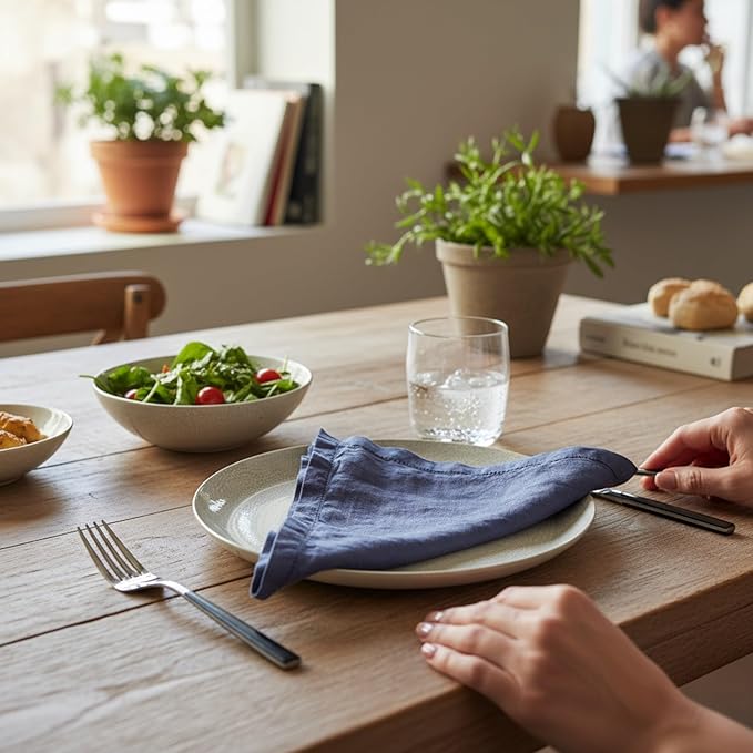 Hemstitched Linen Napkins – 20 Inch x 20 Inch – Stonewashed Pure Linen Cloth Dinner Napkins with Mitered Corners - 100% French Flax – Machine Washable - Set of 4 (Soft Blue)
