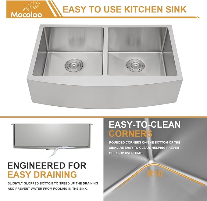 Mocoloo Stainless Farmhouse Kitchen Sink - 33x20 Inch Undermount Double Bowl Kitchen Sinks 16 Gauge Stainless Steel 50/50 Apron Farm Kitchen Sinks, 10 Inch Basin