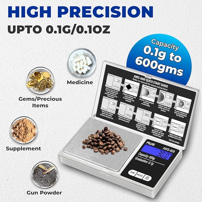 American Weigh Scales 600g x 0.1g Digital Pocket Scale | High Precision Digital Scale LCD Display Multi Unit Conversion Pocket Grams Scale, Jewelry Scale, Small Smart Weight Scale - Silver