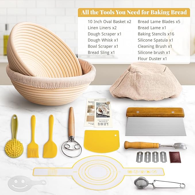 Sourdough Starter Kit, Sourdough Bread Baking Supplies with 2 Pcs 9" Round Banneton Bread Proofing Baskets, Dough Scraper, Dough Whisk, Bread Lame, Silicone Sling, Spatula, Powder Dredger