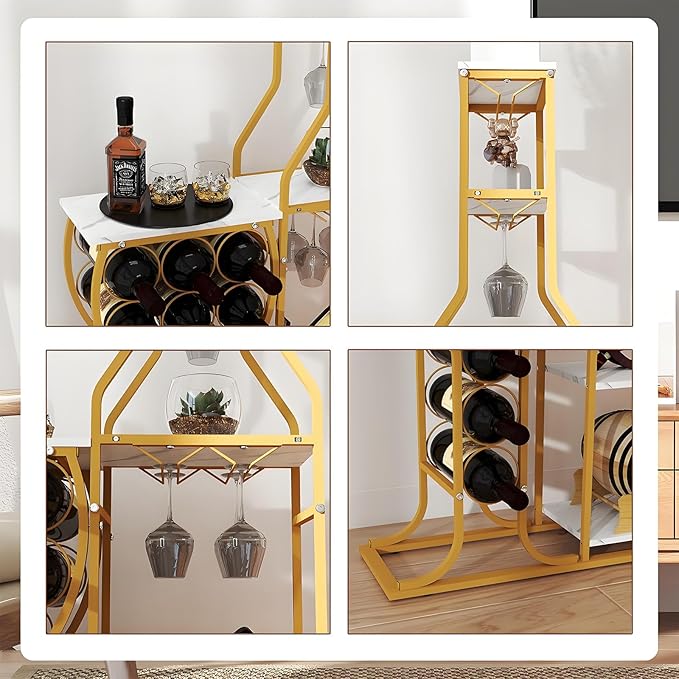 5-Tier Wine Rack Freestanding Floor, 11 Bottles Modern Wooden Wine Holder-Storage Cabinet for Home Bar, Kitchen, Dining Room Space Saving Bar Stand with Easy Assembly.(Gold/White)