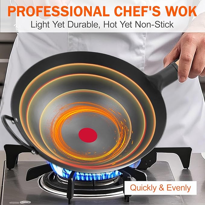 WANGYUANJI Iron Wok, 14.17 inch Traditional Round-Bottom Wok, Chef’s Professional Stir-Fry Pan with Wooden Handle, Chemical-Free Iron Wok for Gas Stoves and Round-Bottom Induction Stovetop