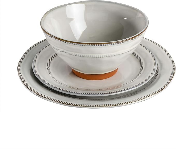 Gibson Elite Terranea Round Reactive Glaze Terra Cotta Dinnerware Set, Service for Four (12pcs), White