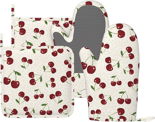 Cherry Berries Oven Mitts and Pot Holders Set of 4 Silicone Watercolor Cherries Kitchen Mitten Gloves and Non-Slip Potholders Set Heat Resistant Oven Gloves Hot Holders for Kitchen