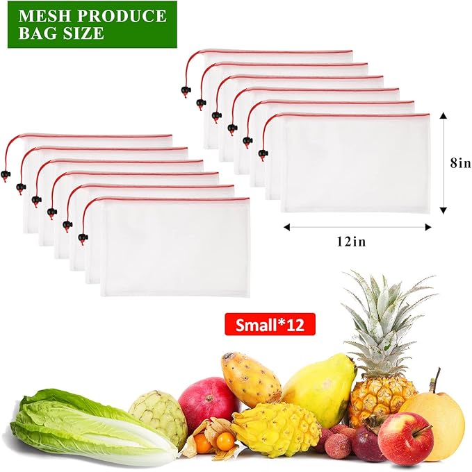 Set of 12 Washable Mesh Produce Bags - 12 Small Red (8"x12") See-Through Mesh Bags for Storage, Fruit, Vegetable, Toy