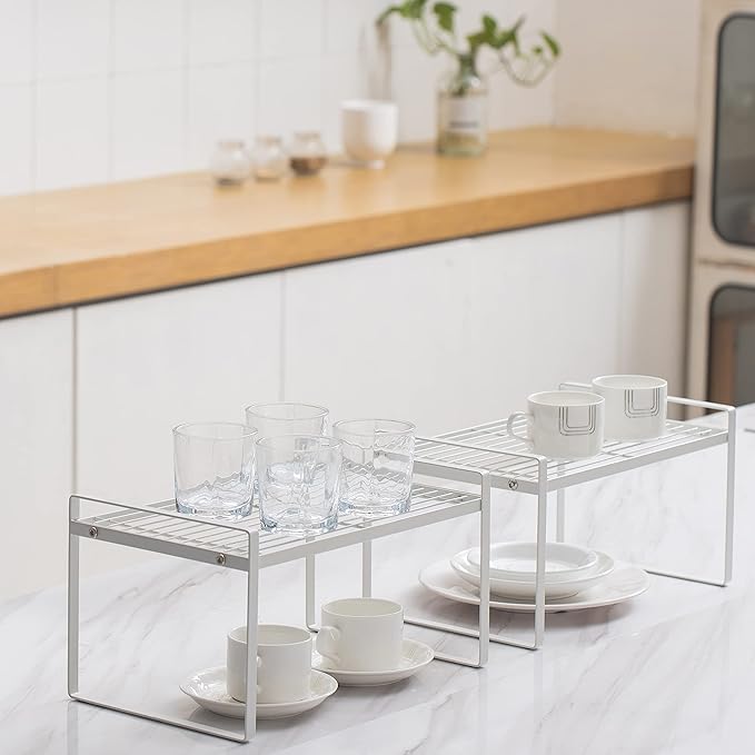 2Pack Kitchen Cabinet Shelf Counter Organizer Rack Pantry Storage Bathroom Bedroom Office Table Desk Space Saving Stackable Rust Resistant Non Slip White Wide L13.1in W10.6in H7.3in