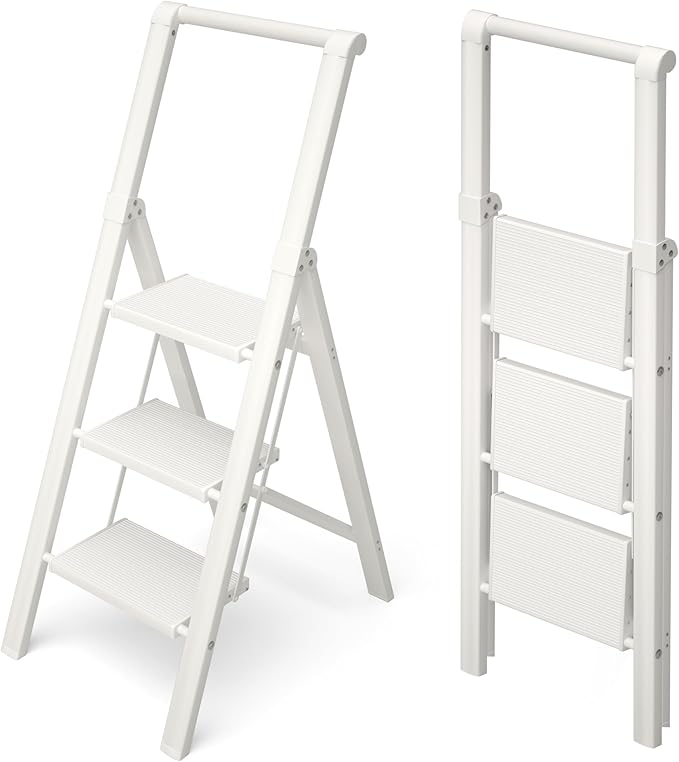 HillhutApex 3 Step Foldable Aluminum Step Ladder with Handgrip, Anti-Slip Pedal, 330 lbs Capacity, Lightweight & Portable for Home, Kitchen, Office, Garage (White)