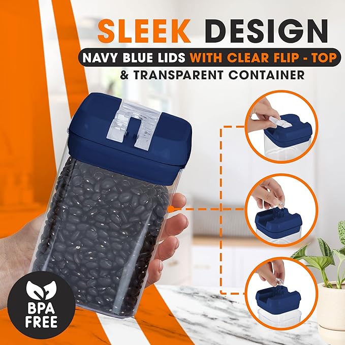 Cheer Collection Airtight Food Storage Containers, Kitchen Storage Containers for Pantry, Set of 8 Food Containers with Lids Airtight, Pantry Storage Containers & Organizers with Lids, Navy Blue