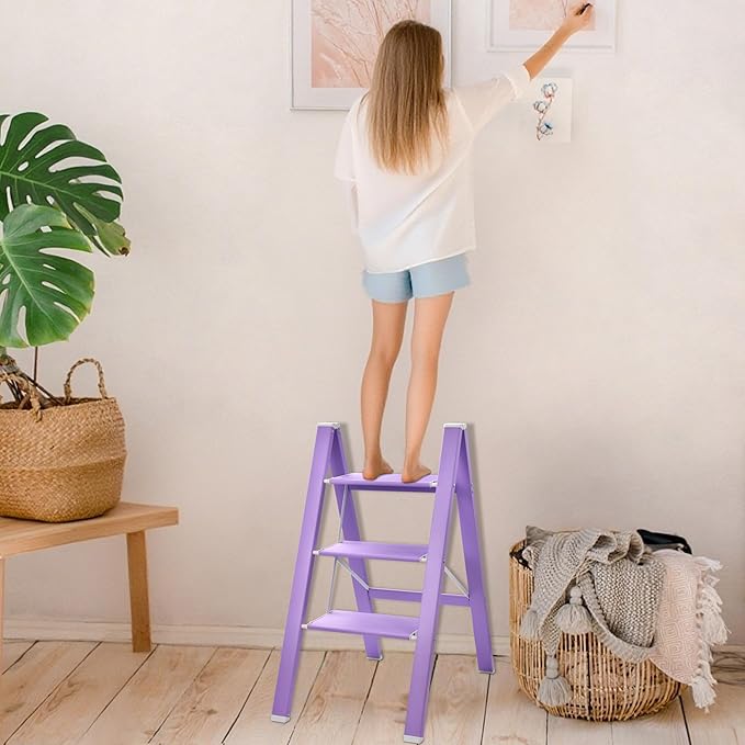 3 Step Lightweight Folding Ladder for Home, 330lbs Aluminum Step Ladder Anti-Slip for Kitchen, Step Stool Foldable Adults for Closet, 330lbs - Purple