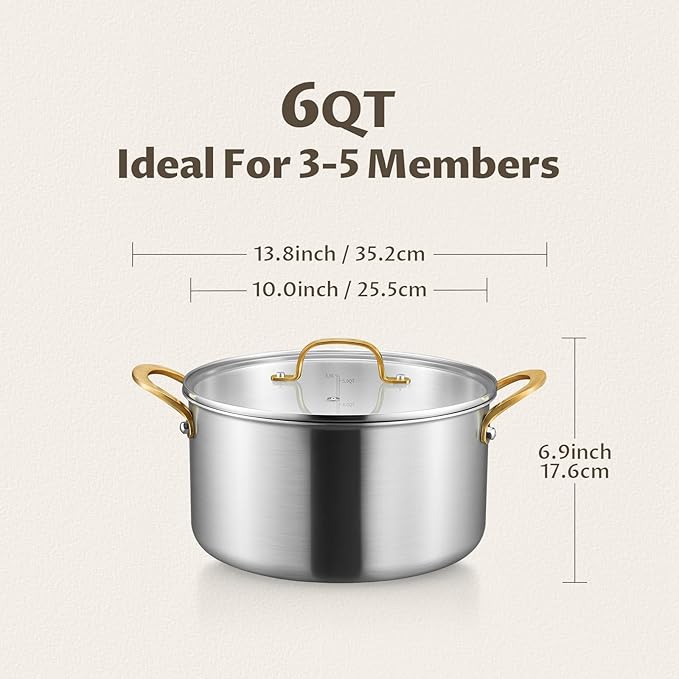 BEZIA 6 Quart Tri-Ply Stainless Steel Stockpot，Even Heat Distribution, Cooking Pot With Sturdy Handles, Oven-Safe Up to 500°F, Compatible with All Cooktops, Perfect for Soups & Stews, Silver