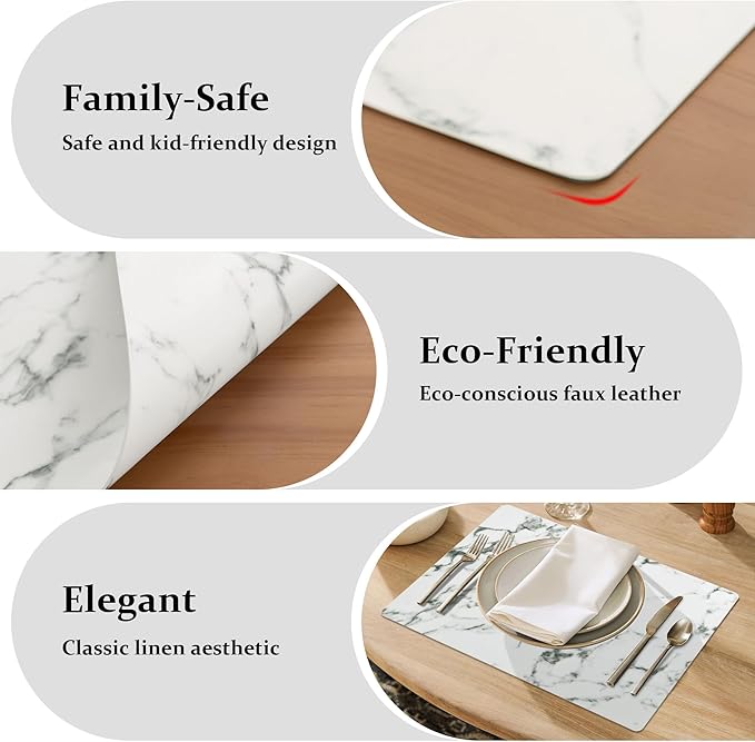 FROMHEART Faux Leather Placemats Set of 8–Waterproof,Heat/Oil Stain-Resistant PU Table Mat–Reversible,Easy to Clean Place Mats for Kitchen,Dining,Indoor/Outdoor,(Marble,11.8" x 17")