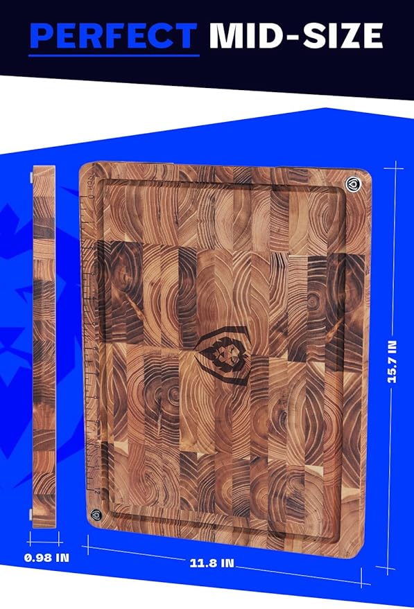 Dalstrong Teak Wood Cutting Board - 15" x 12" Medium Size - Tight Wood Grain-Laser-Engraved Measurements & Juice Groove - Kitchen Chopping Board-Serving-Large Cutting Boards
