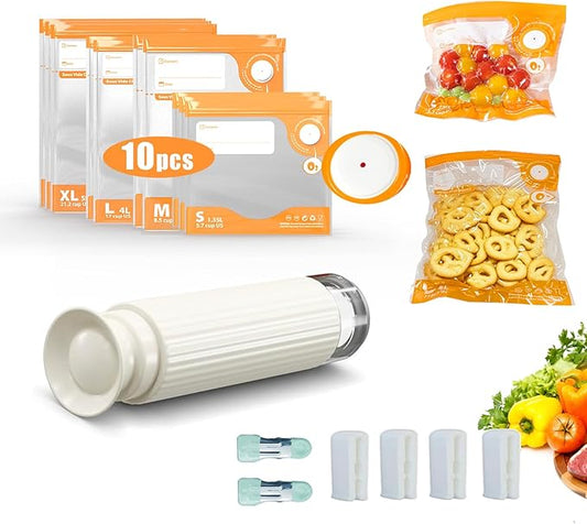 Vacuum Sealer for Food, handheld vacuum sealer(Manual Vacuum Sealers+ 10 mix size reusable vacuum seal bags),Portable Vacuum Sealer Set for Travel, Fresh & Save Meal Prep Sous Vide