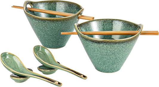 HENXFEN LEAD Japanese Ramen Bowls Set of 2 - Deep Ceramic Soup Bowls with Spoons, Chopsticks and Holder, 20 Oz Serving Dishes for Pho, Udon Noodle, Cereal