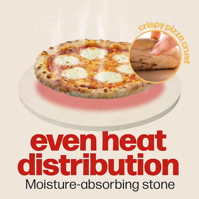 HANS GRILL PIZZA STONE | Circular Pizza Stone For Oven Baking & BBQ Grilling With Free Wooden Peel | Extra Large Round 15" Inches Diameter (38CM) Durable Cordierite Cooking Stone.