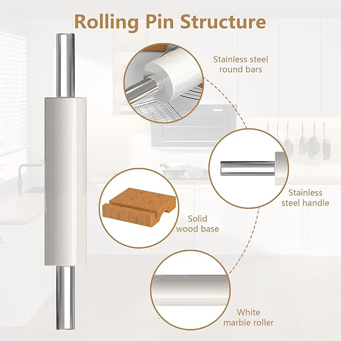 Marble Rolling Pin with Pastry Baking Mat and Stainless Steel Dough Cutter, 18.5” (Includes handle) Rolling Pin for Baking Cookie Crust Crisp Pizza with 3 Thickness Rings and Wood Stand