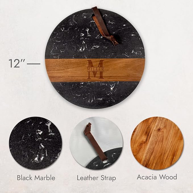 HomeWetBar Personalized Charcuterie Board | Custom 12" Round Black Marble & Acacia Wood Cheese Board | Perfect Housewarming + Wedding + Couples Gift Idea