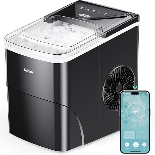 Silonn Smart Countertop Ice Maker, Compact Wi-Fi Ice Maker with App Control, 9 Cubes in 6 Mins, 26 lbs per Day, 2 Ice Cube Sizes, Portable Ice Maker with Self-Cleaning for Kitchen/Office/RV
