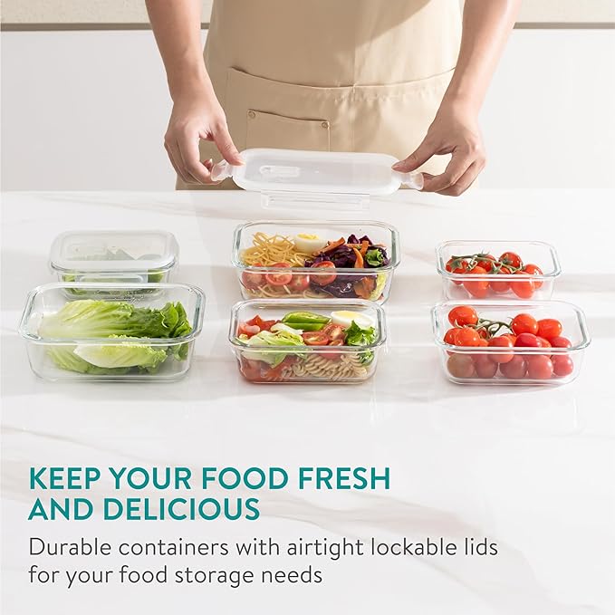 Navaris Glass Food Storage Containers with Lids - Set of 6, Airtight & Lockable - Reusable Meal Prep Containers for Lunch, Leftovers & Picnic - Microwave, Dishwasher & Oven Ready