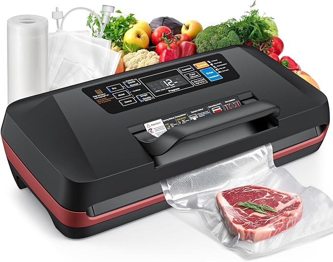 95kPa Vacuum Sealer Machine,Commercial Fully Automatic Food Sealer,10-in-1 Functions & Powerful Sealing System with Double Heat Seal,Easy-Lock Handle,Built-in cutter, 10 Pre-cut Bags1, Bag Rolls