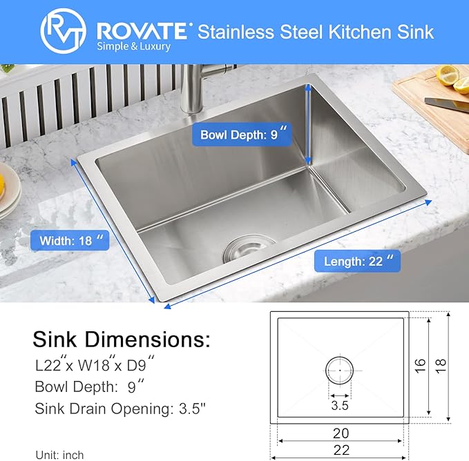 ROVATE 22 x 18 inch Kitchen Sink Undermount Single Bowl, 304 Stainless Steel Bar or Prep Kitchen Sink Handmade with Strainer
