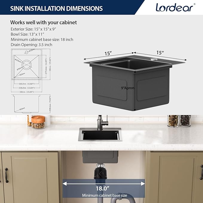 Lordear Bar Sink 15 Inch Black Drop In Kitchen Sinks Stainless Steel Bar Sink 16 Gauge Single Bowl Topmount Small Prep RV Sinks Square Basin