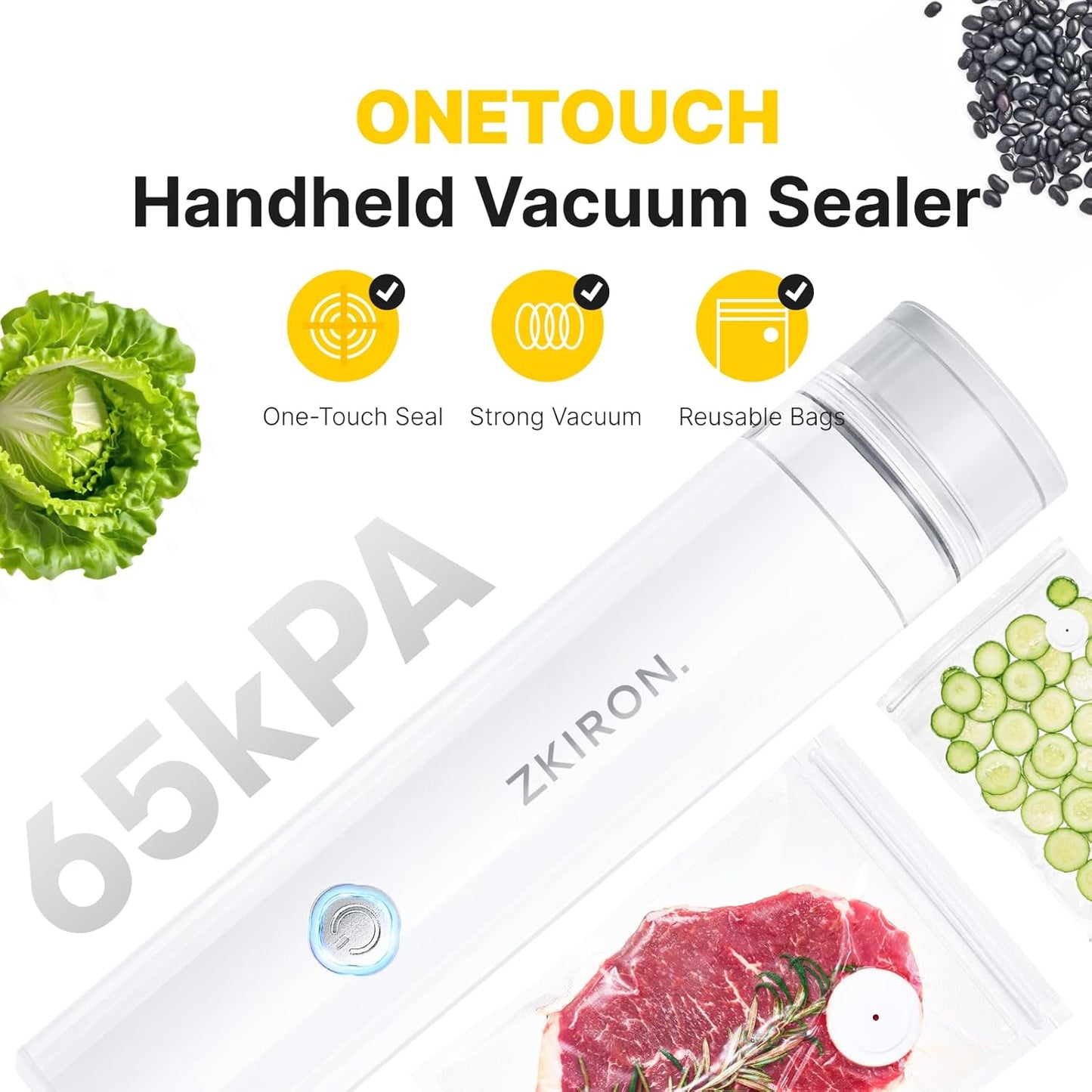 OneTouch Handheld Vacuum Sealer with 12 Reusable Vacuum Bags – Compact Food Sealer with Detachable Transparent Suction for Sous Vide, Meal Prep & Kitchen Storage, Portable Food Saver