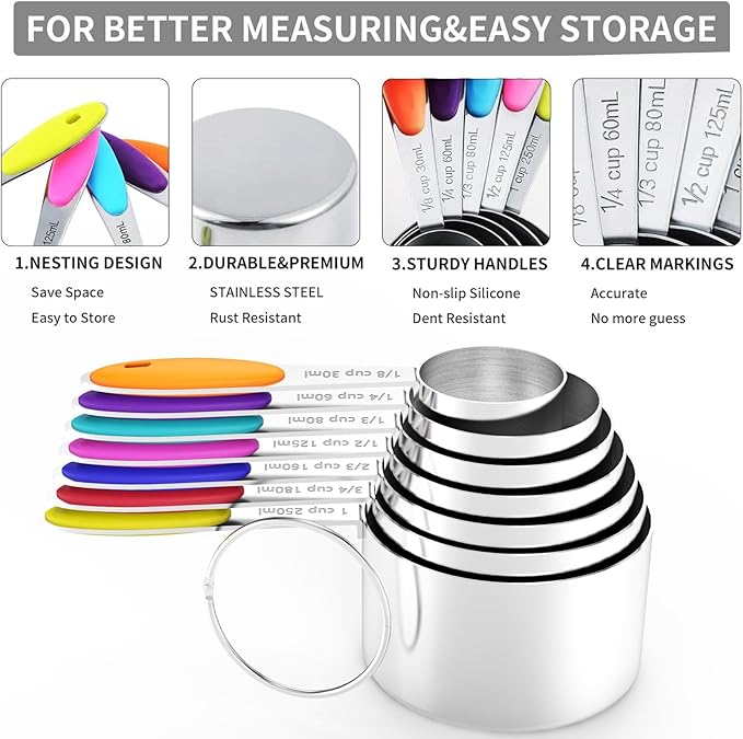 TILUCK Measuring Cups and Spoons Set, Stainless Steel, Kitchen Utensils for Cooking and Baking (13, Colorful)