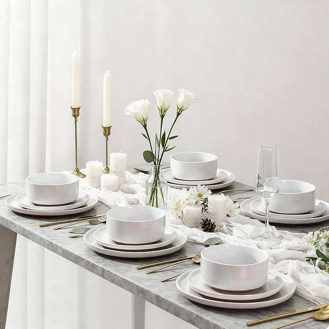 GZG Modern Art Series - 12 Pcs Speckled Stoneware Plates and Bowls Sets, Ceramic Dinnerware Set with Rustic Terracotta Underside, Microwave and Dishwasher Safe Handcrafted Dishes Set - Porcelain White