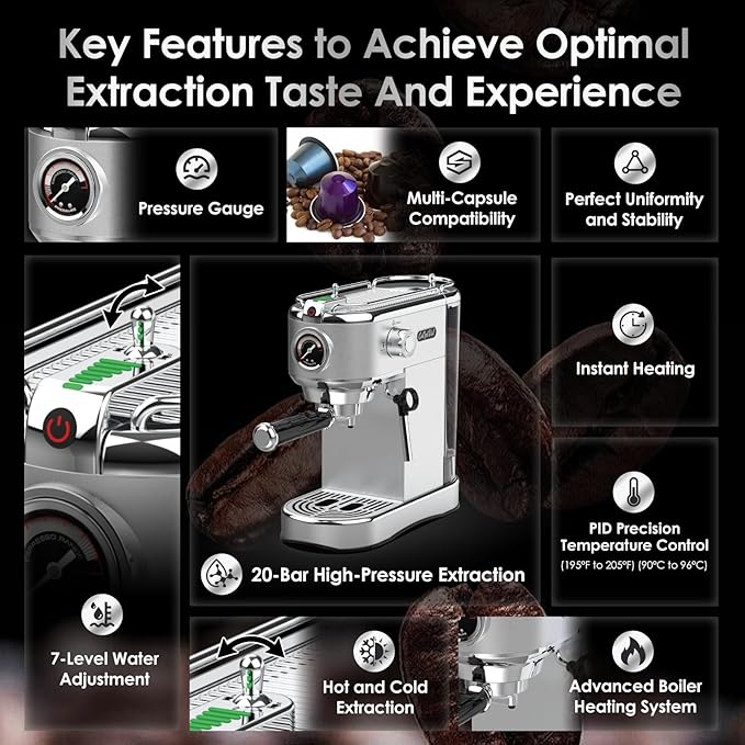 20-Bar Espresso Machine & Coffee Machine – Compatible with Nespresso, Keurig K Cup – Hot & Cold Brew, Milk Frother, Stainless Steel – 10 oz Espresso Cup - Latte Machine & Cappuccino Machine
