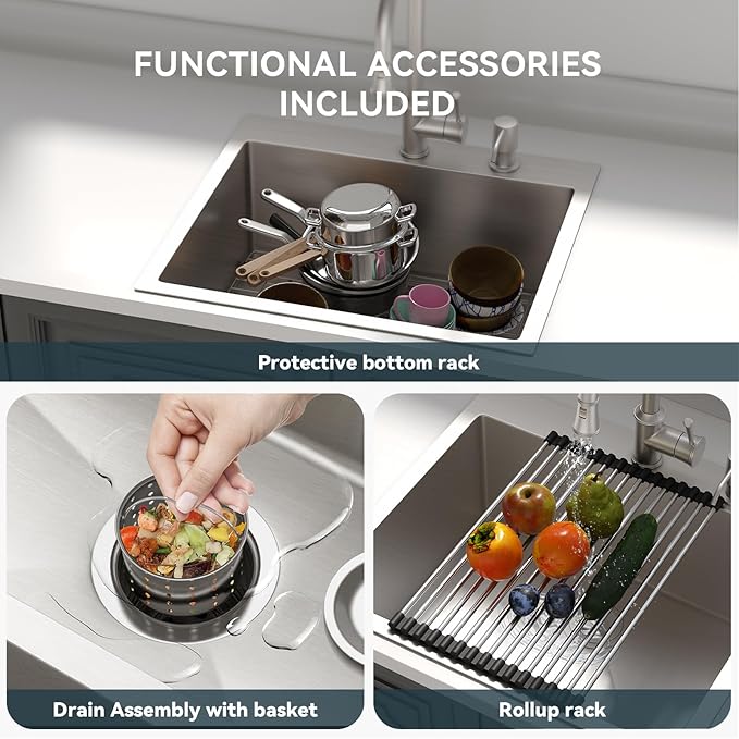 Lordear 25 Drop In Kitchen Sinks - 25 x 22 Single Bowl Stainless Steel 16 Gauge Topmount Over Counter Handmade Kitchen Laundry Room Utility Sink Basin