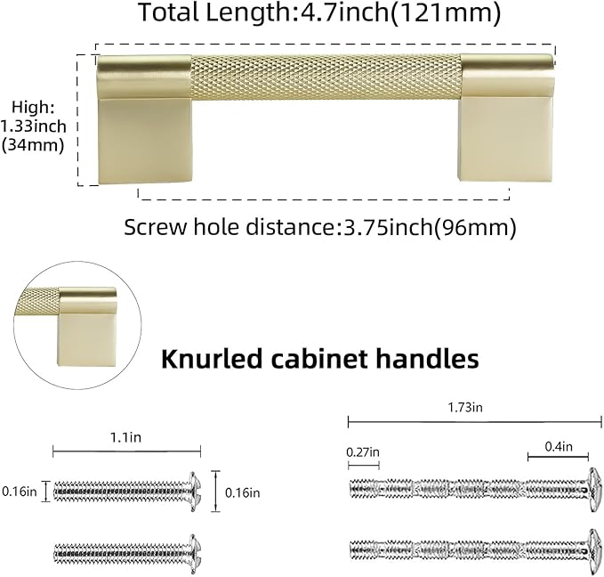 10 Pack 3-3/4 inch(96mm) Brushed Brass Kitchen Cabinet Handles Knurled Cabinet Pulls Gold Drawer Pulls Kitchen Hardware