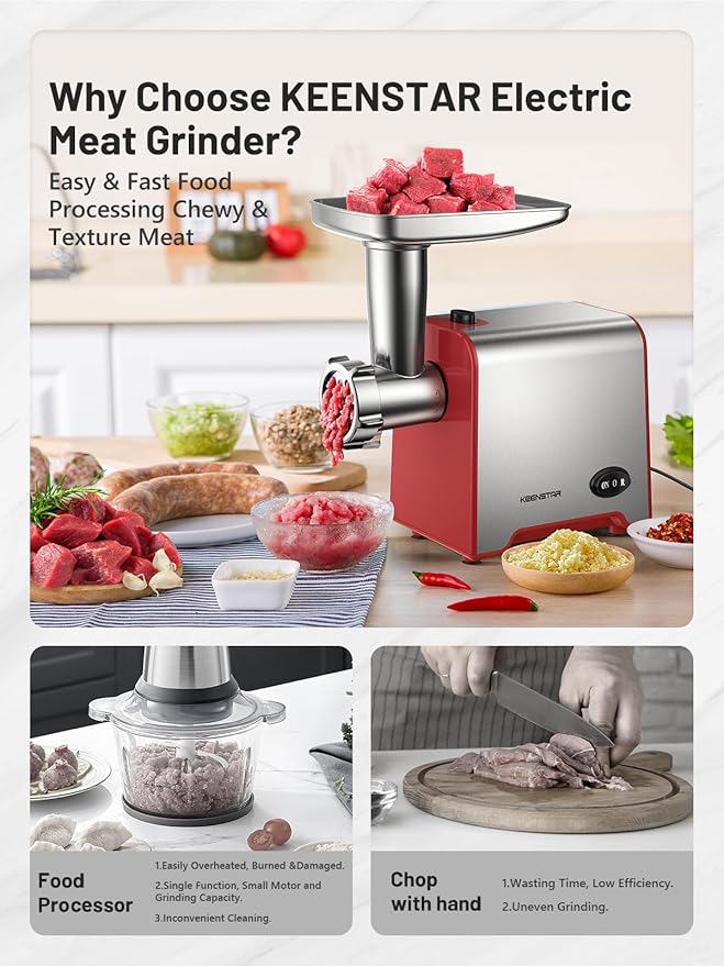 Electric Meat Grinder, Sausage Stuffer Maker 450W Food Grinder with Blade & 3 Plates, Sausage Stuffer Tubes & Kubbe Kit, Stainless Steel Meat Mincer Machine for Home Kitchen Use (Red)