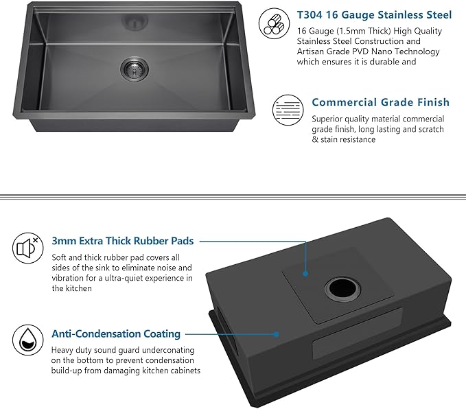 30 inch Black Undermount Kitchen Sink, Stainless Steel Undermount Workstation Sink 16 Gauge Handmade Single Bowl Kitchen Sinks R10 Round Corner with Ledge and Accessories (Pack of 5)