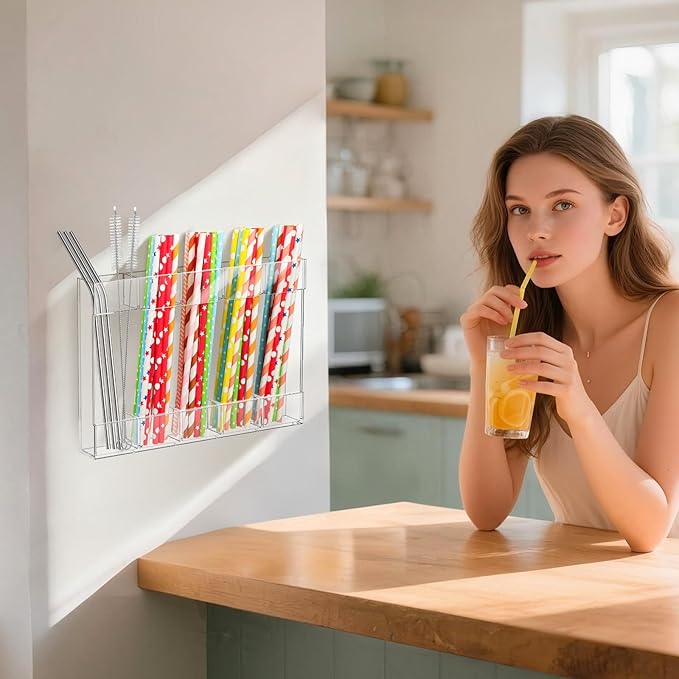 9.5" Acrylic Straw Holder with Double Sided Adhesive and Stickers,Reusable Straws Organizer Storage Dispenser for Counter Cabinet Cupboard Kitchen Door (Transparent)
