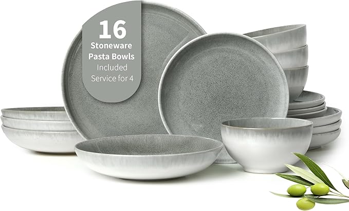 16 Piece Double Bowl Dinnerware Sets, Stain Resistant Dish Set with Pasta Bowls, Easy Cleaning Dishes, Multi-Functional Plate and Bowl, Stack Compactly Plate Set, Service for 4