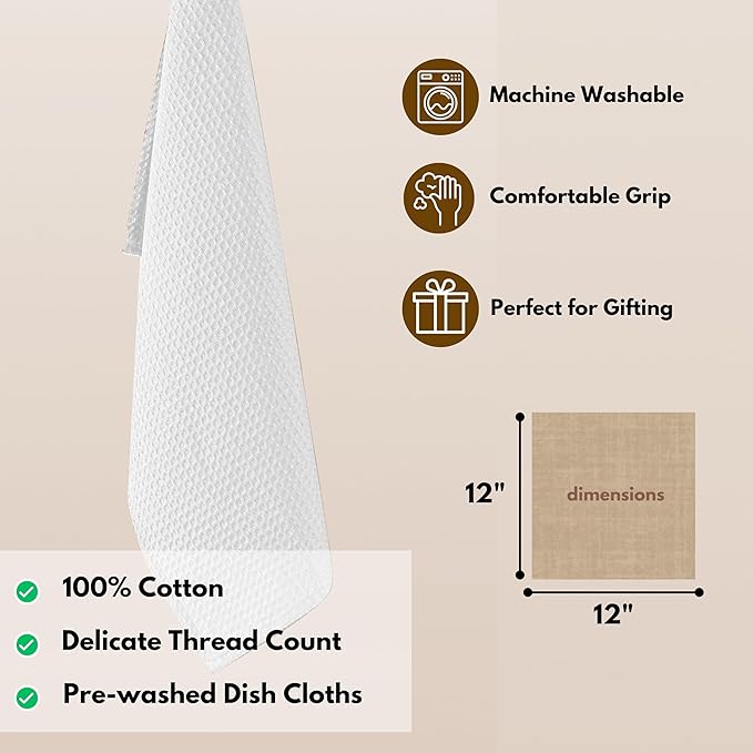 Native Fab Waffle 12 Pack Dish Cloths - 100% Cotton, Soft, Absorbent, Quick Drying, Washable Towels for All Cleaning, Cooking & Baking - Ideal for Home, BBQ, Hotels, Bars - 12x12 Inches - White