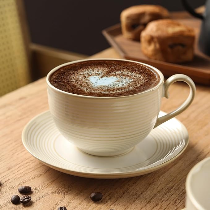 12Oz Coffee Cups with Saucers Set of 4 - Ceramic Espresso Cappuccino Cups Set, Tea Mugs and Saucer, Microwave Dishwasher Safe Drinkware for Home, Cafe