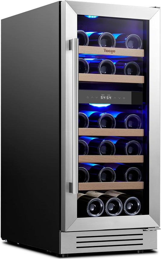 Yeego 15 Inch Dual Zone Wine Fridge, 28 Bottles Wine Cool Refrigerator with Glass Door, Built-in/Freestanding/Under Counter, Ideal for Home & Kitchen