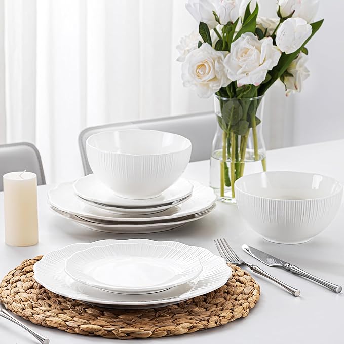 12 Pcs Porcelain Dinnerware Sets for 4, Ceramic Plates and Bowls Sets with Embossment, Oven, Dishwasher and Microwave Safe - Scratch Resistant Dish Set, QOMO-1996