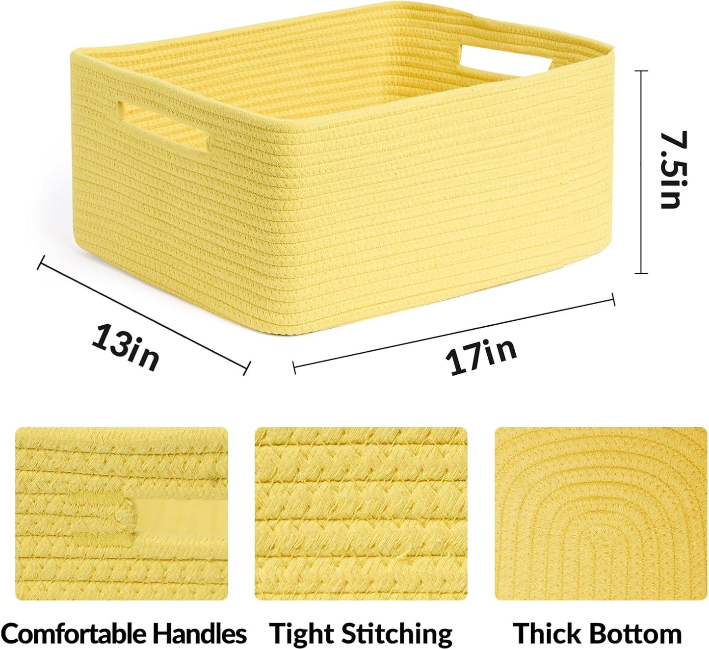 Large Storage Baskets for Organizing, Closet Shelf Baskets for Clothes Blanket Towels, Baby Nursery, Toy Bins Box, Woven Rope Baskets, 17 x 13 x 7.5”, 4 Packs Yellow