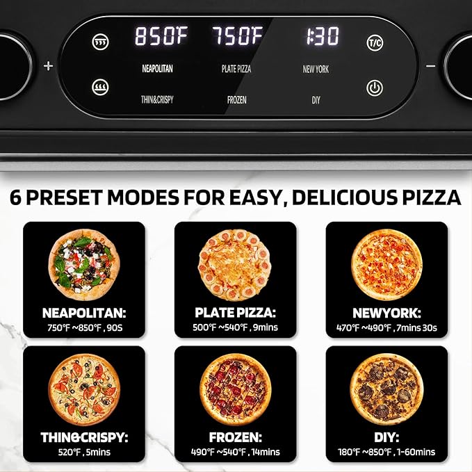 Lagute Indoor Pizza Oven, 12 Inch Electric Countertop Pizza Maker with 6 Preset Modes, 850°F High Heat in 90 Seconds, Dual Heating Components, Pizza Stone & Peel Included